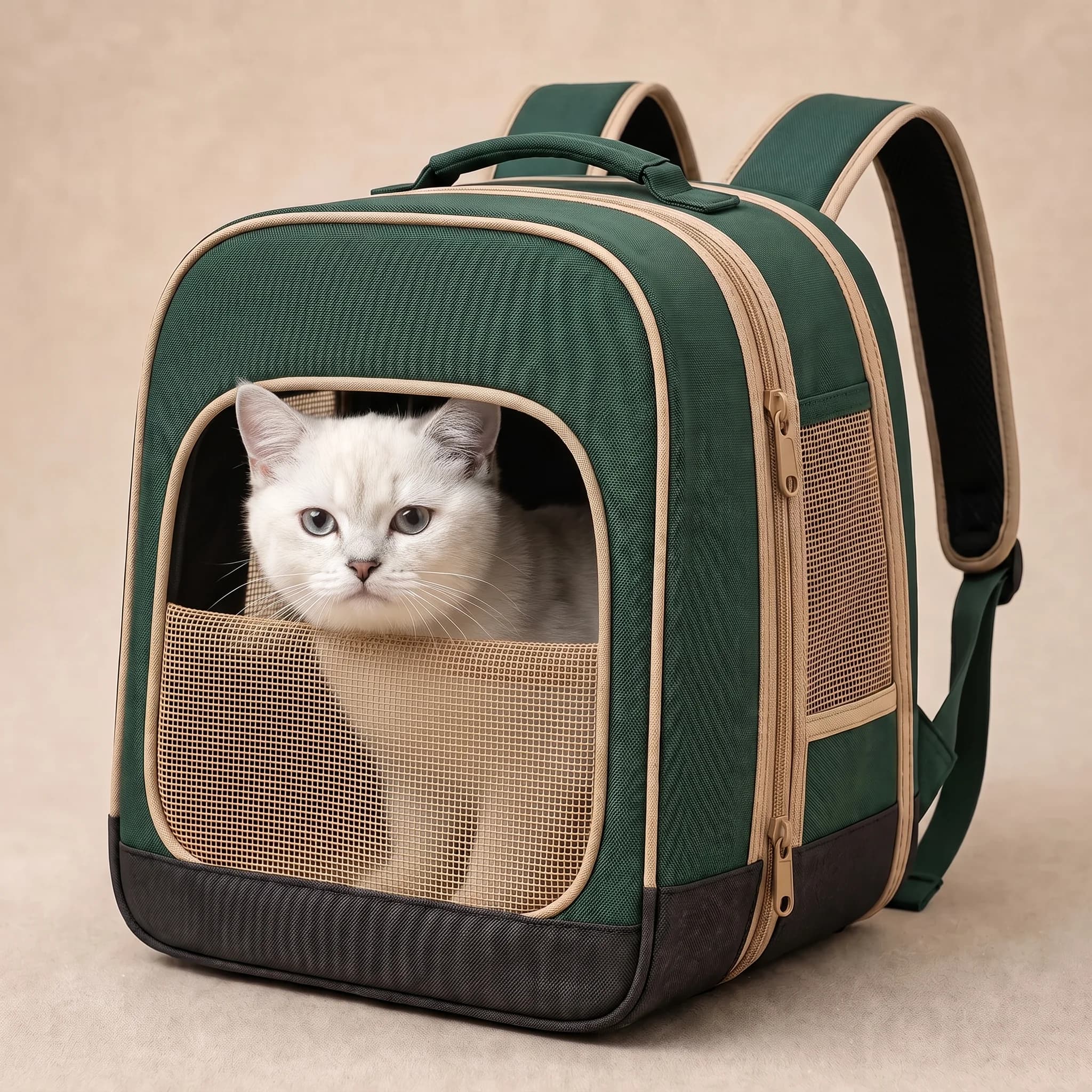 Design-Studie Trail: waldgrüner City Soft Carrier mit sandfarbenen Trims und Mesh