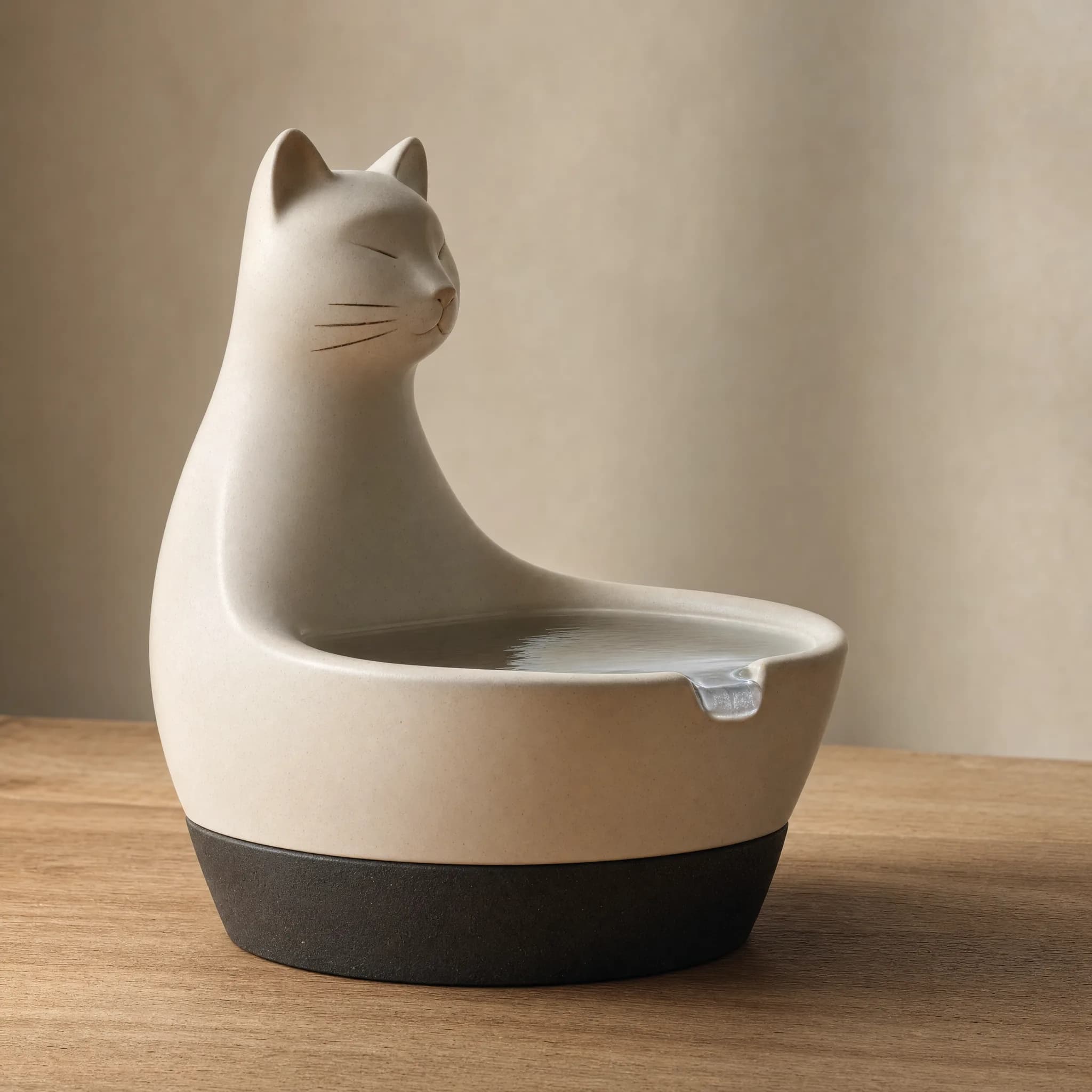 Konzept-Studie Katzenbrunnen: skulpturaler Keramik-Brunnen in Katzenform, Creme mit Anthrazit-Sockel