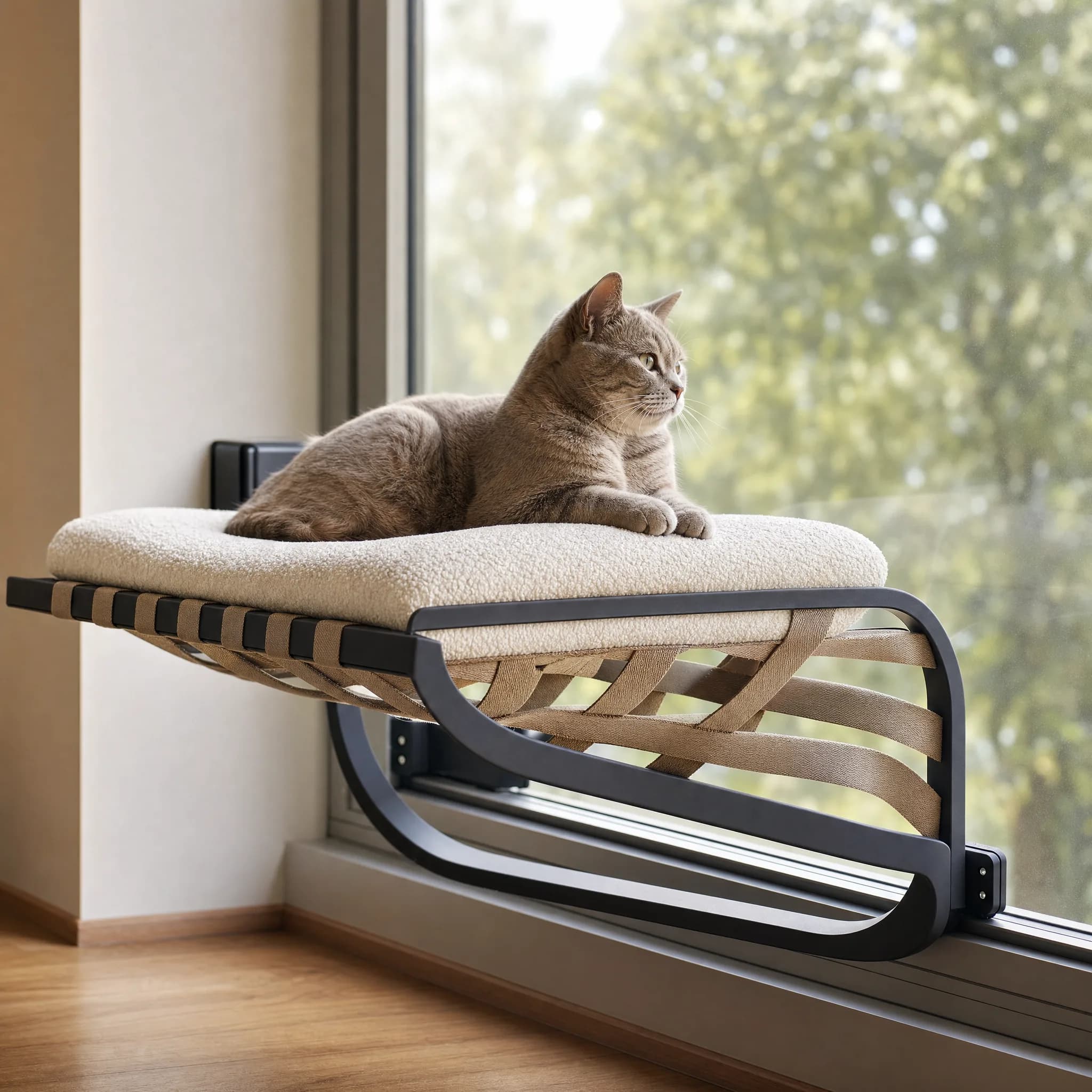 Konzept-Studie Fensterliege: geschwungene Liege mit Gurt-Bespannung am hellen Fenster, Katze schaut hinaus